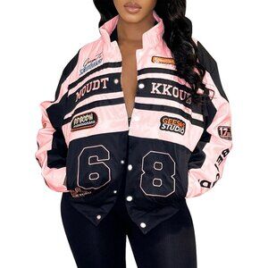 Women Varsity Jacket Motorcycle Racer Detachable Letter Graphic Jackets Pink